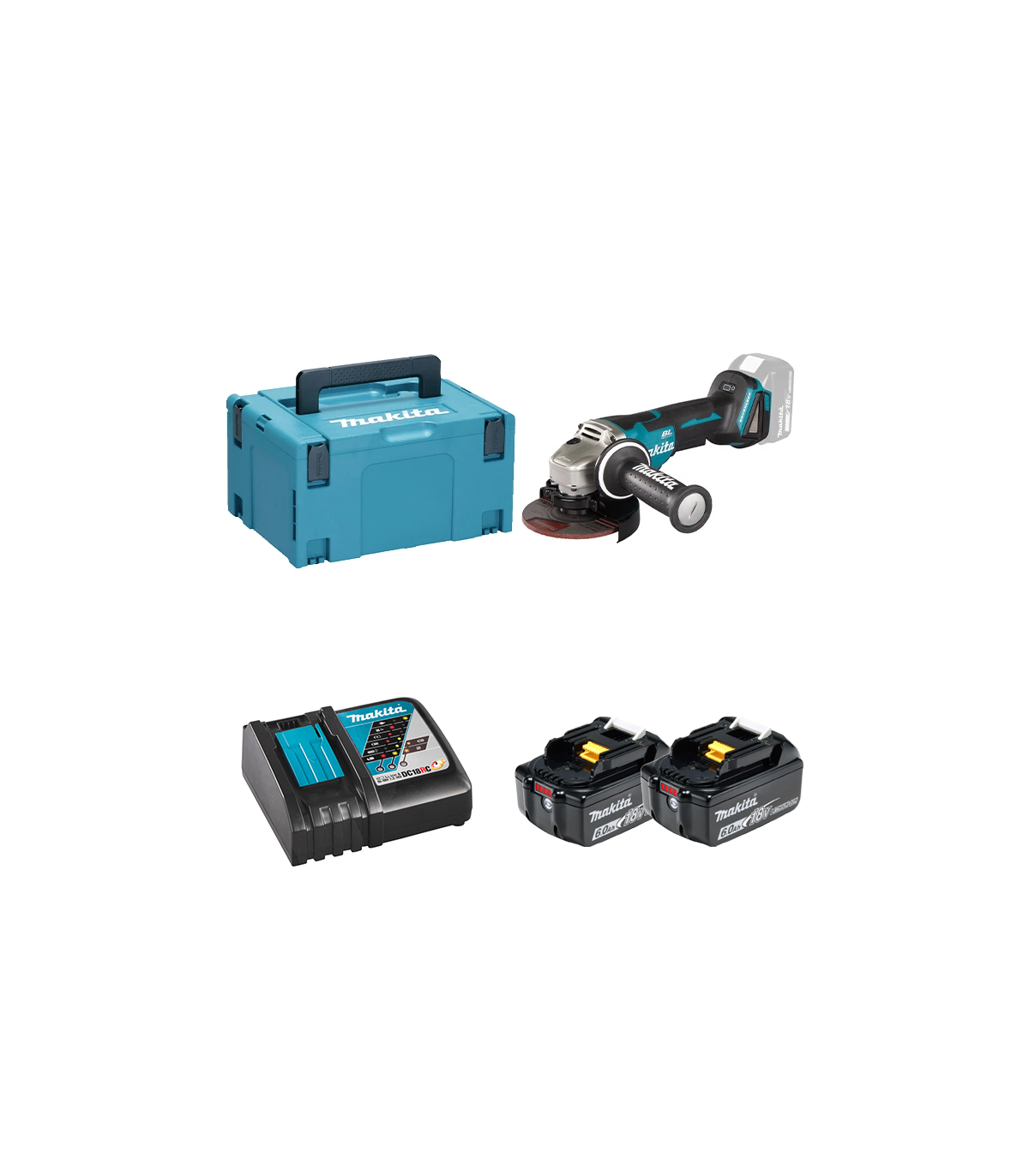Meuleuse Ø125mm 18V DGA508ZJ + 2 batteries BL1860B 18V 6 Ah + chargeur rapide DC18RC MAKITA