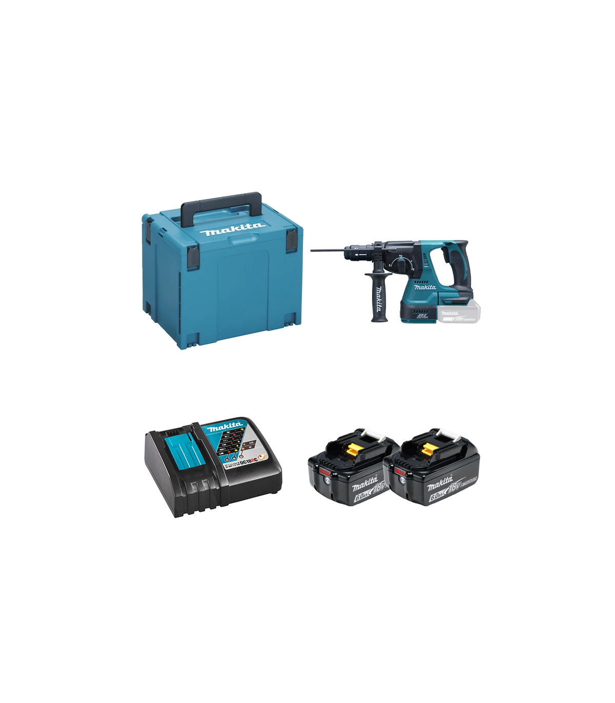 Perforateur burineur SDS-Plus 18V DHR243ZJ + 2 batteries BL1860B 18V 6 Ah + chargeur rapide DC18RC MAKITA