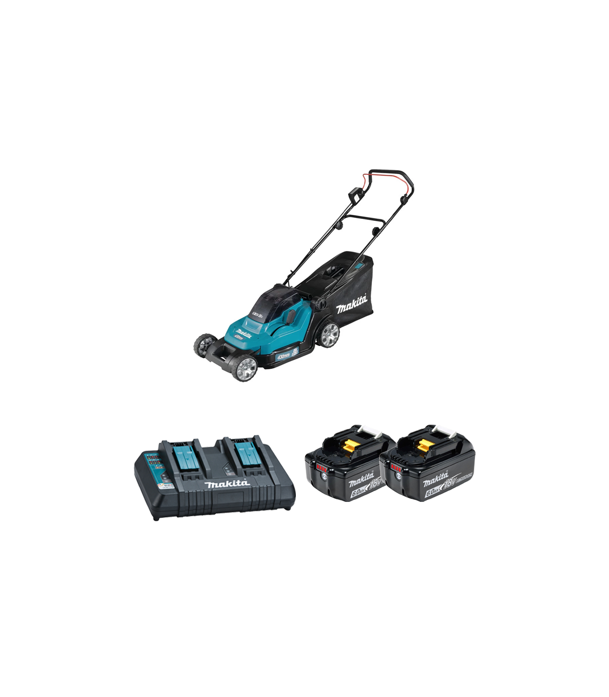 Tondeuse 2x18V 43cm DLM432Z + 2 batteries BL1860B 18V 6 Ah + chargeur double DC18RD MAKITA