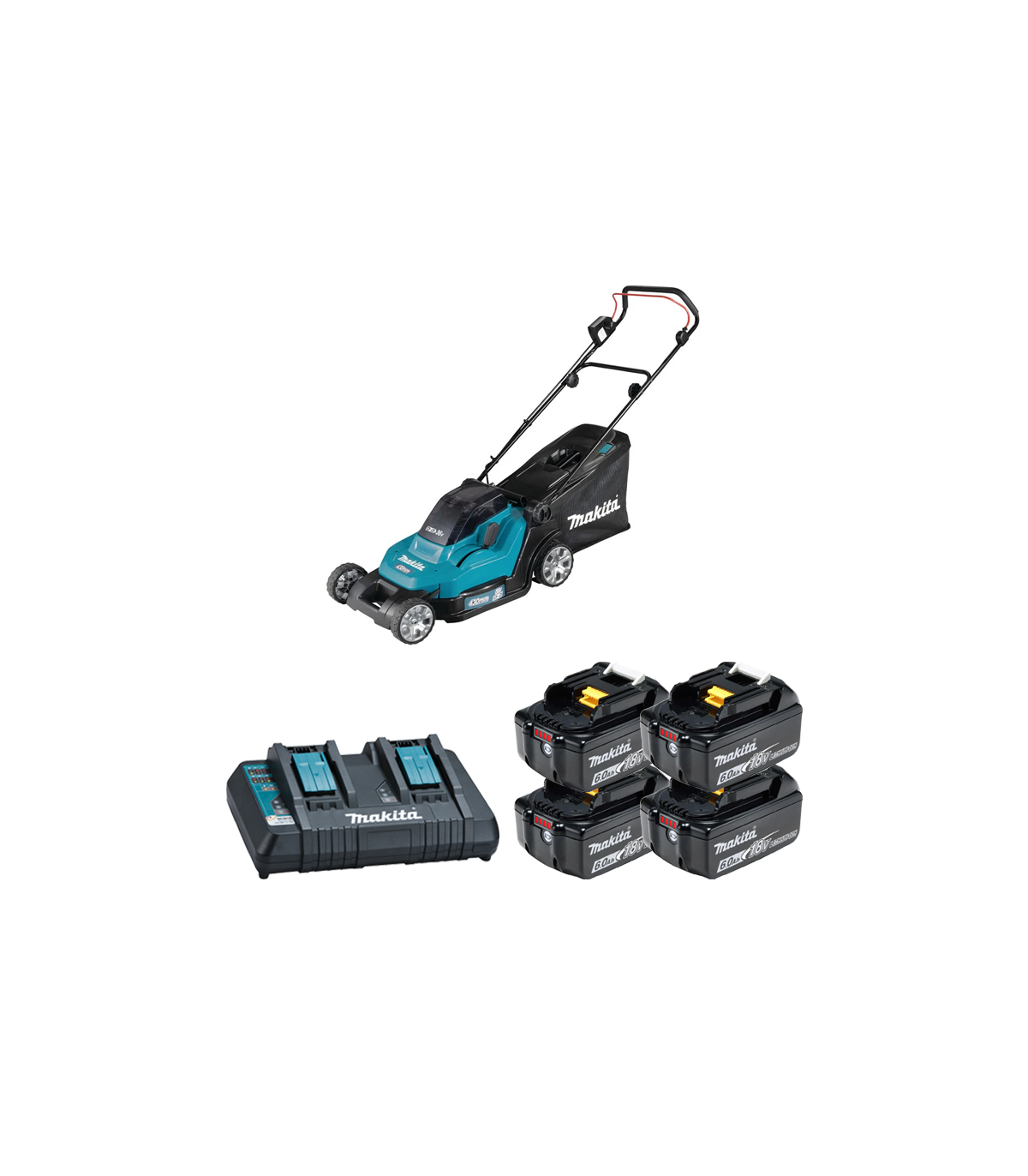 Tondeuse 2x18V 43cm DLM432Z + 4 batteries BL1860B 18V 6 Ah + chargeur double DC18RD MAKITA
