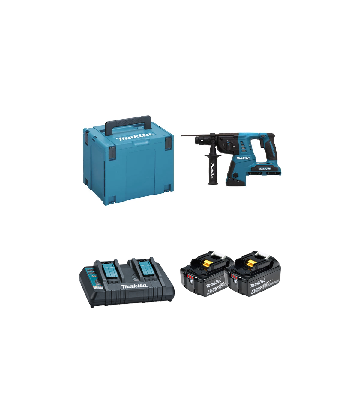 Perforateur burineur SDS-Plus 2x18V DHR264ZJ + 2 batteries BL1860B 18V 6 Ah + 1 chargeur rapide double DC18RD MAKITA