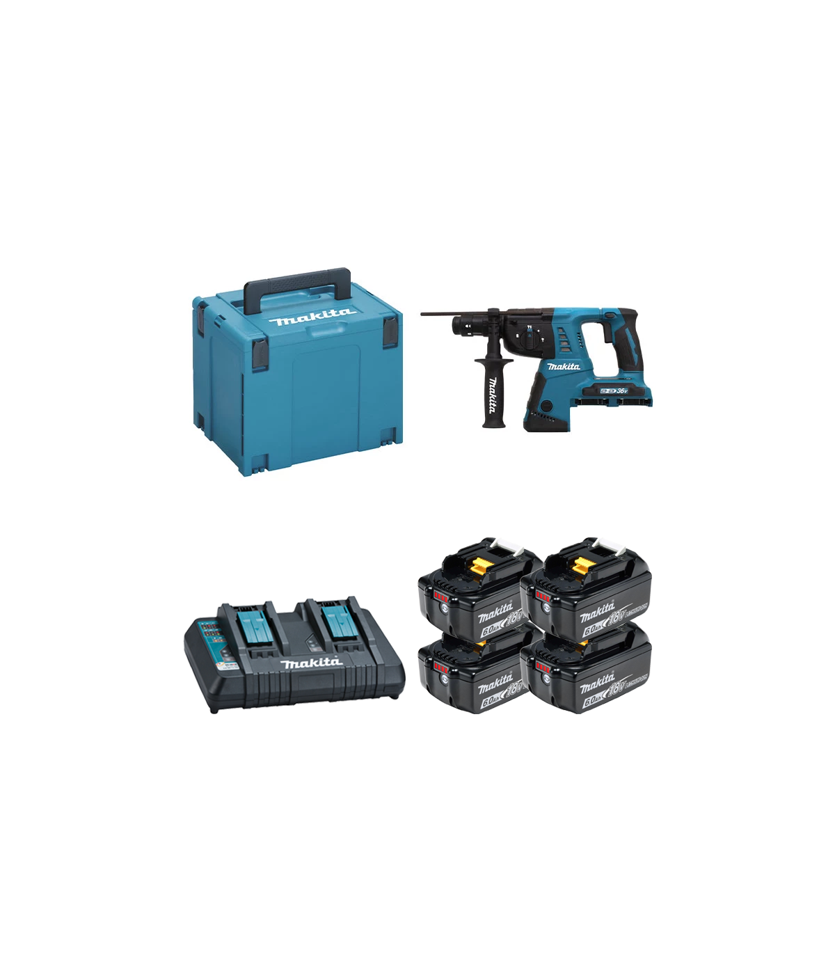 Perforateur burineur SDS-Plus 2x18V DHR264ZJ + 4 batteries BL1860B 18V 6 Ah + 1 chargeur rapide double DC18RD MAKITA