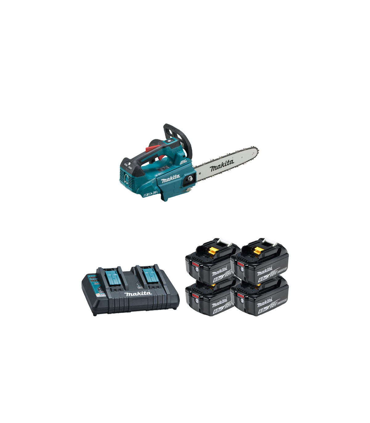 Tronçonneuse d'élagage 2x18V 30cm DUC306Z001 + 4 batteries BL1860B 18V 6 Ah + chargeur double DC18RD MAKITA