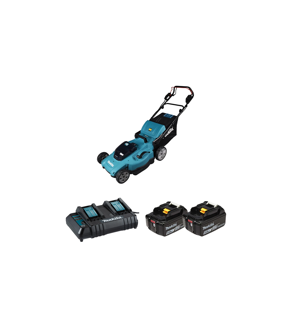 Tondeuse 2x18V auto-tractée 53cm DLM539Z + 2 batteries BL1850B 18V 5 Ah + chargeur double DC18SH MAKITA