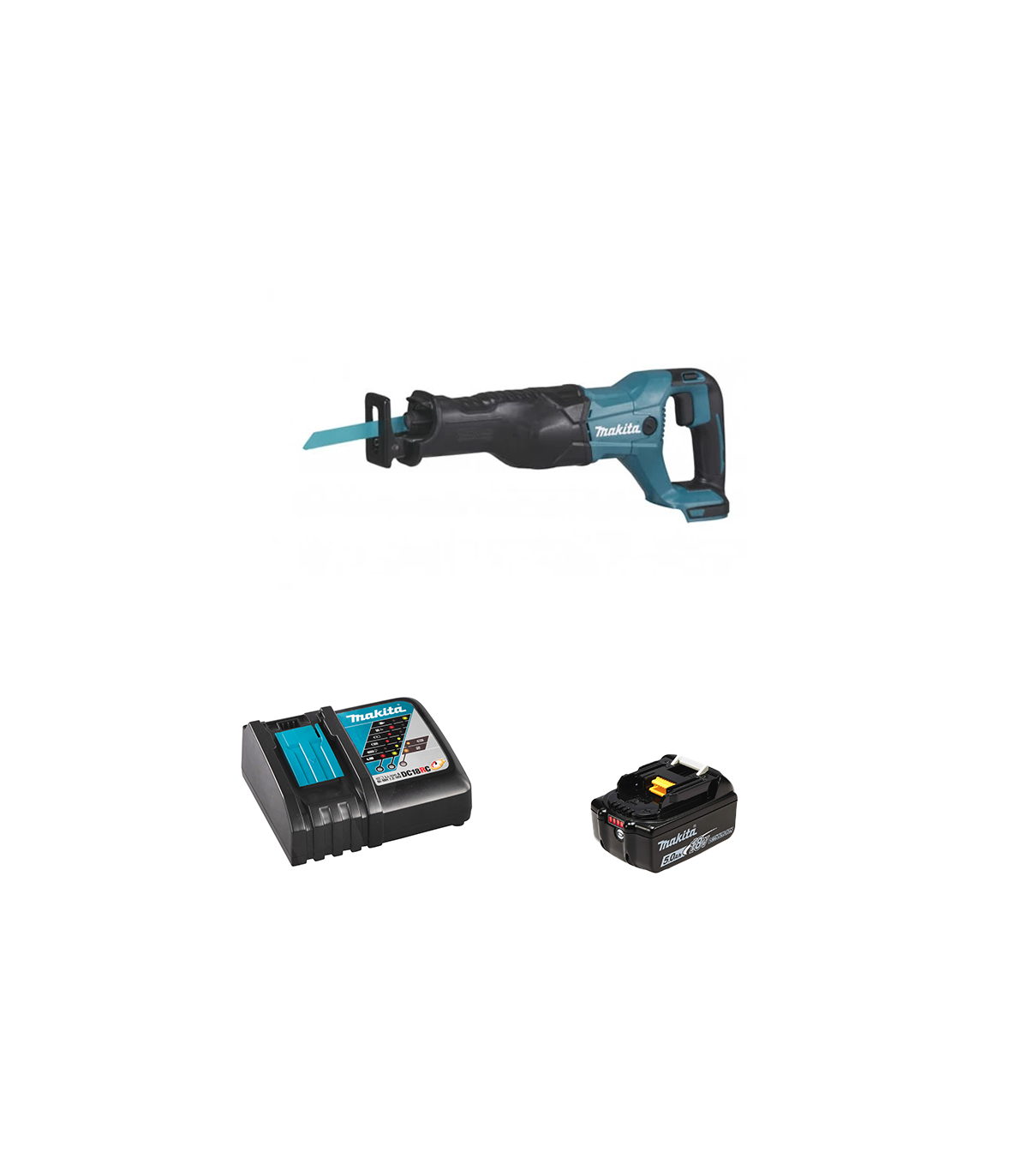 Scie sabre DJR186Z + 1 batterie BL1850B 18V 5 Ah + chargeur rapide DC18RC MAKITA