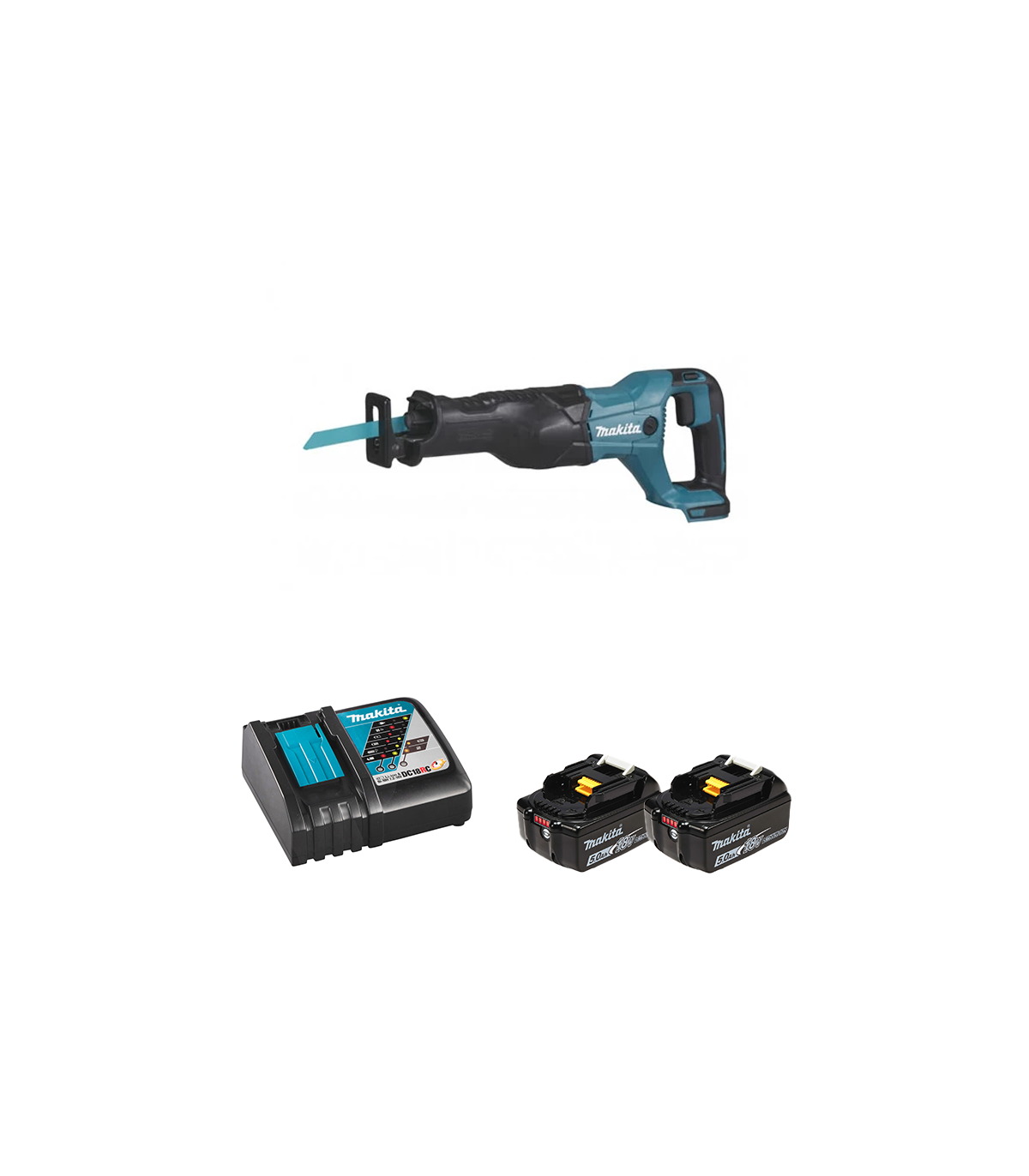Scie sabre DJR186Z + 2 batteries BL1850B 18V 5 Ah + chargeur rapide DC18RC MAKITA