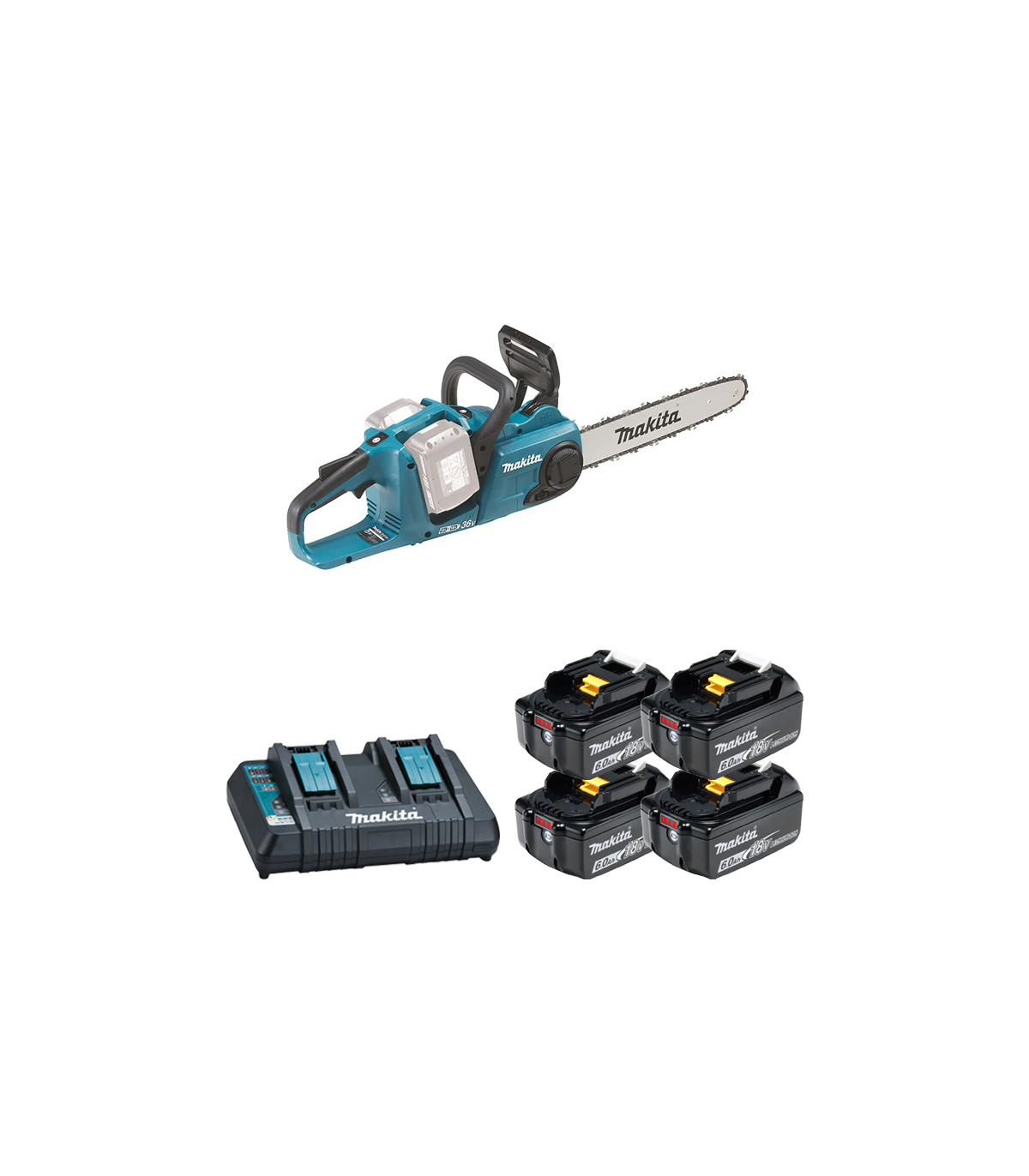 Tronçonneuse 2x18V 35cm DUC353Z + 4 batteries BL1860B 18V 6 Ah + chargeur double DC18RD MAKITA