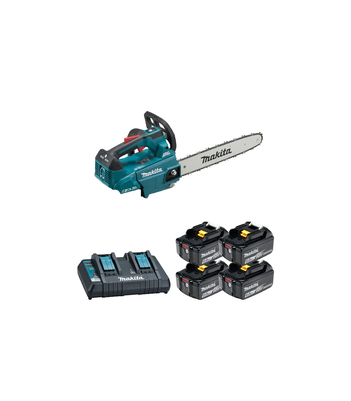 Tronçonneuse 2x18V 35cm DUC356Z001 + 4 batteries BL1860B 18V 6 Ah + chargeur double DC18RD MAKITA