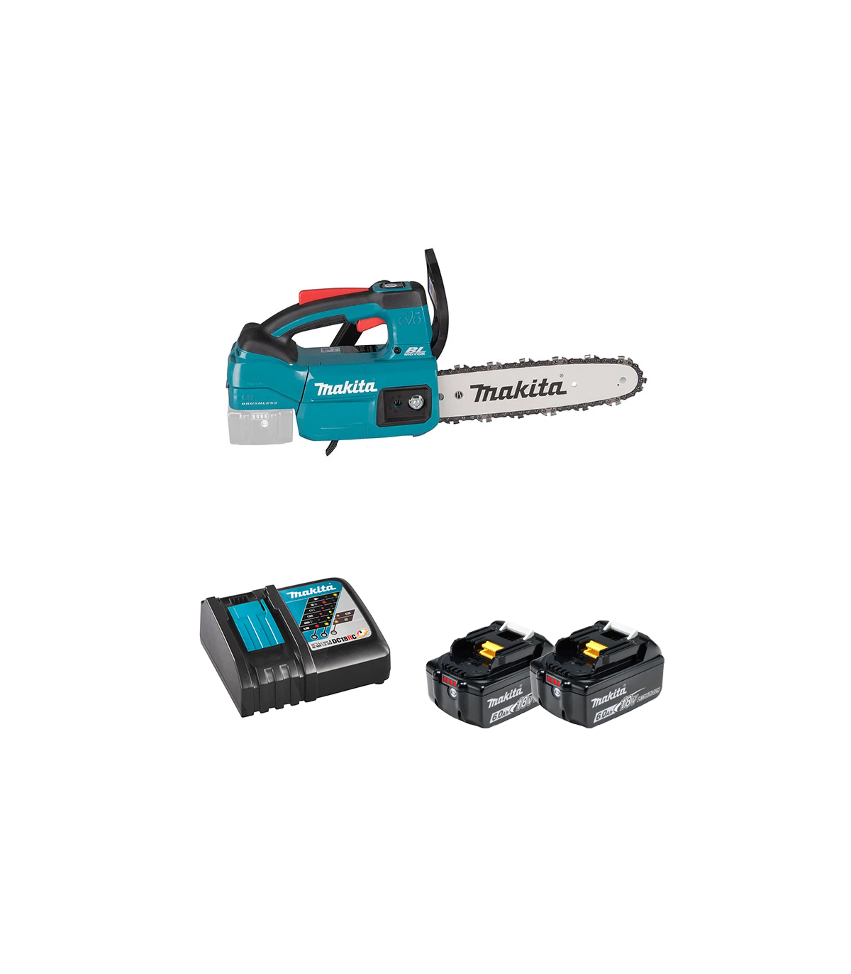 Tronçonneuse d'élagage 18V 25cm DUC254Z001 + 2 batteries BL1850B 18V 6 Ah + chargeur rapide DC18RC MAKITA