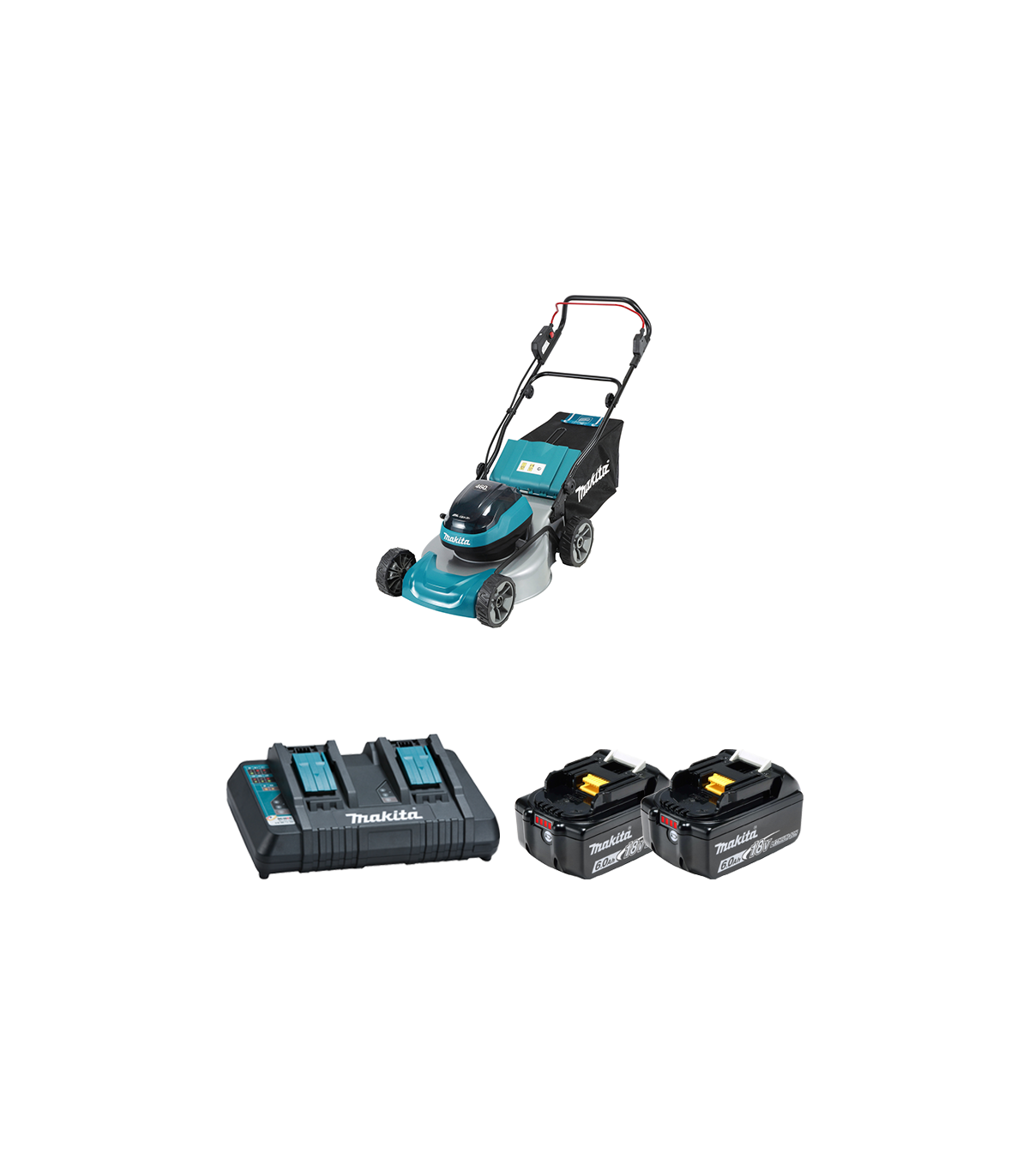 Tondeuse 2x18V 46cm DLM466Z + 2 batteries BL1860B 18V 6 Ah + chargeur double DC18RD MAKITA