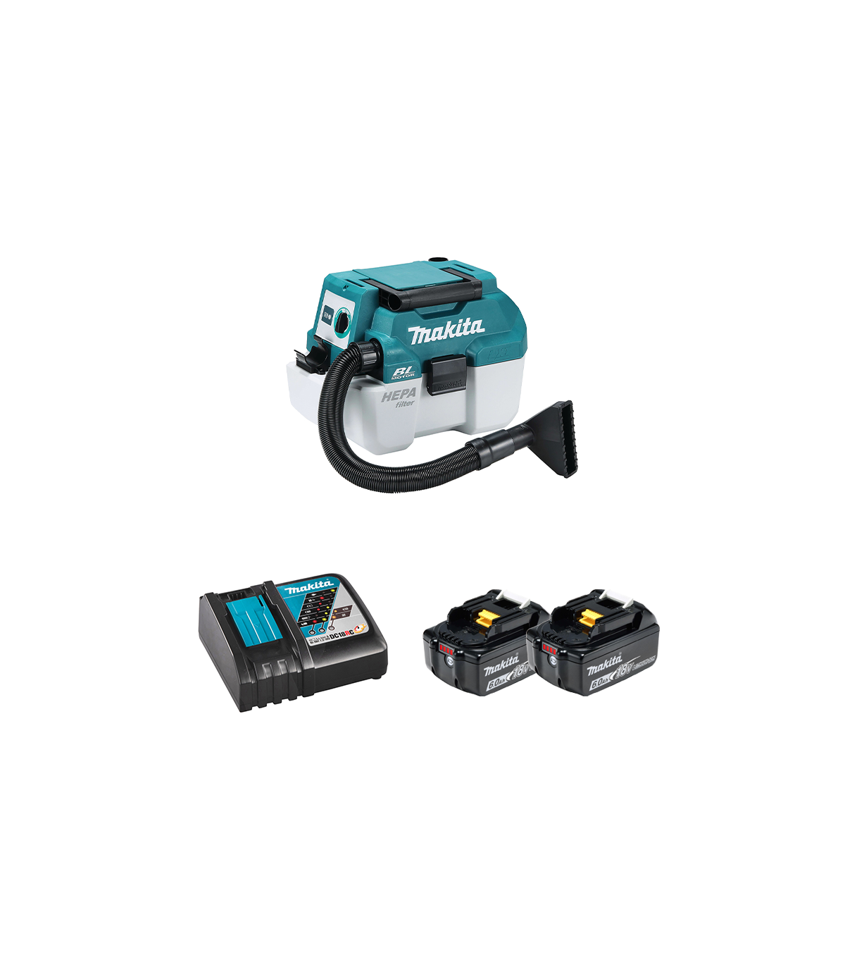 Aspirateur souffleur 18V DVC750LZ + 2 batteries BL1850B 18V 5 Ah + chargeur rapide DC18RC MAKITA