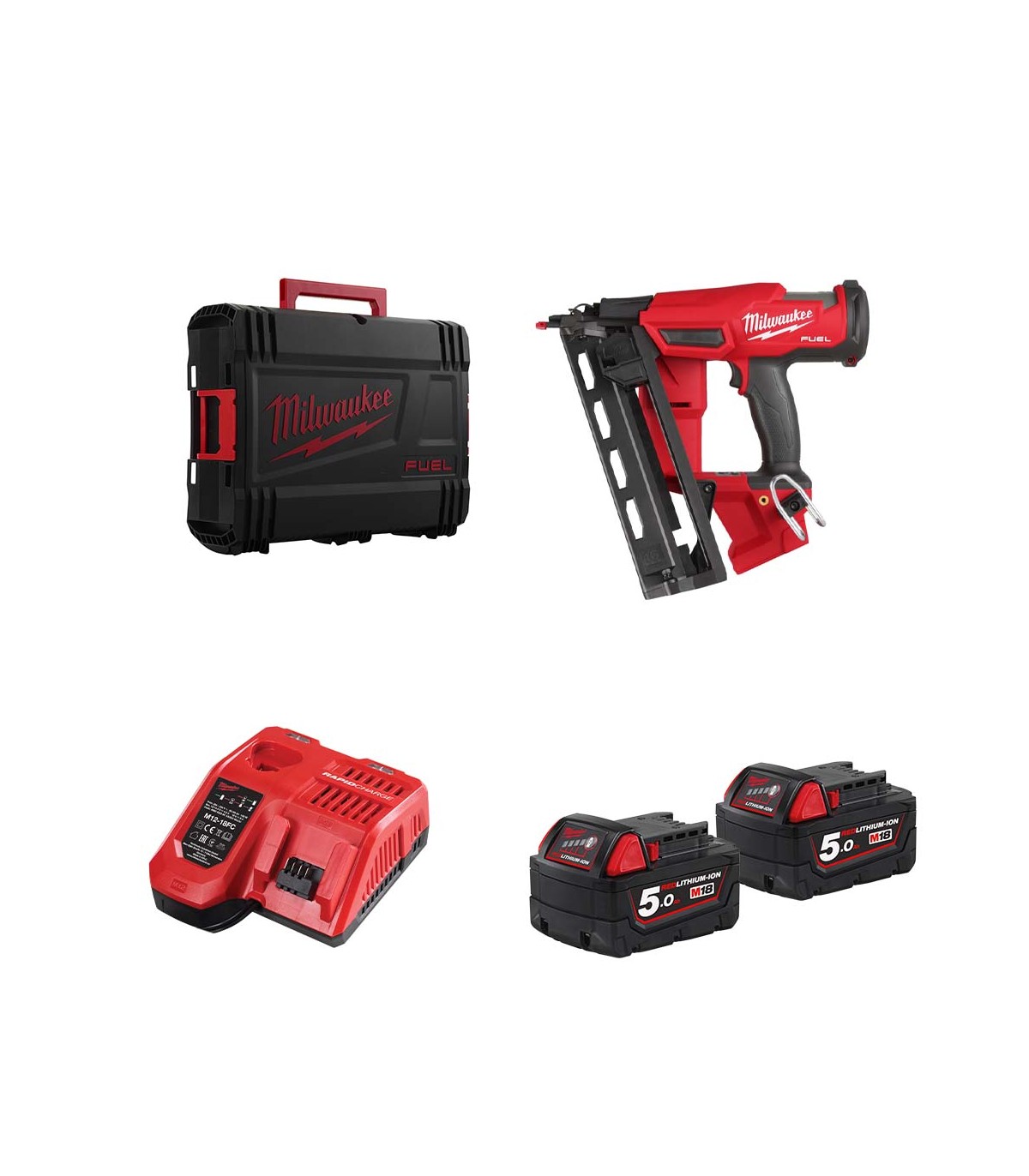 Cloueur de finition 18V M18 FN16GA-0X + 2 batteries 5 Ah + M12-18 FC MILWAUKEE