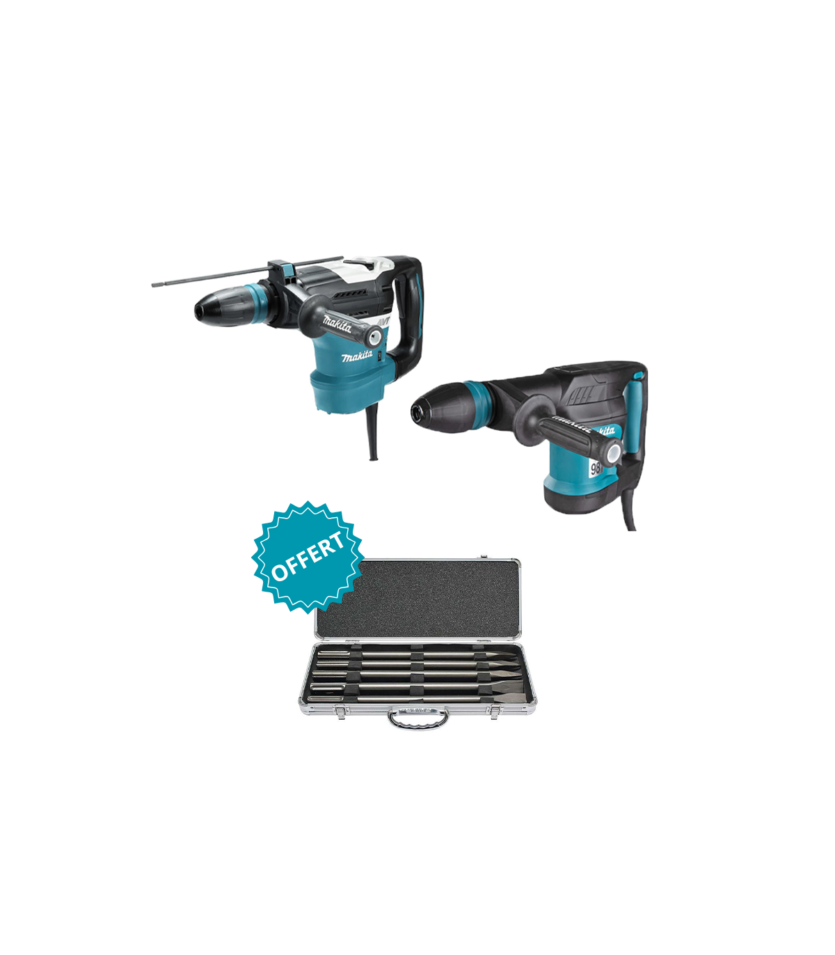 Pack 2 machines Perforateur SDS-Max 1100W HR4013C + Burineur SDS-Max 1100W HM0870C + Coffret 5 burins SDS Max OFFERT MAKITA