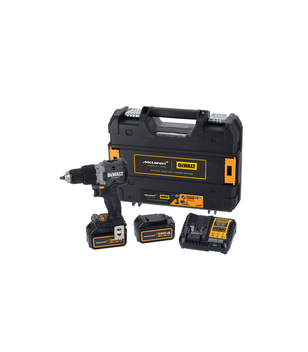 Perceuse-visseuse à percussion 18V DCD805N-XJ Édition Limitée McLaren + 2 batteries 18V 5 Ah + 1 Chargeur DCB1104-QW DEWALT
