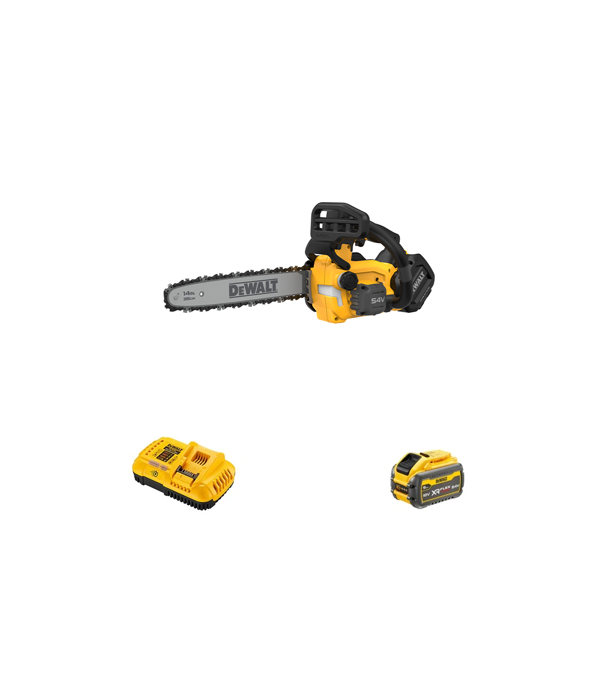 Tronçonneuse 54V 35 cm DCMCST635N-XJ + 1 batterie 54V 9 Ah + 1 chargeur DCB118-QW DEWALT