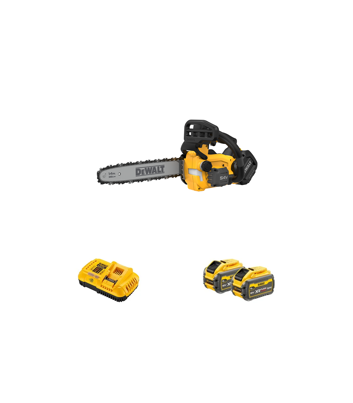 Tronçonneuse 54V 35 cm DCMCST635N-XJ + 2 batteries 54V 9 Ah + 1 chargeur DCB118-QW DEWALT
