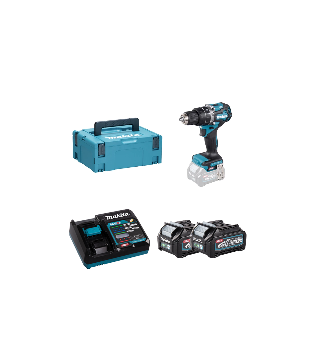 Perceuse-visseuse à percussion 40V 64Nm HP002GZ01 + 2 batteries 40V 2 Ah + chargeur rapide DC40RA MAKITA
