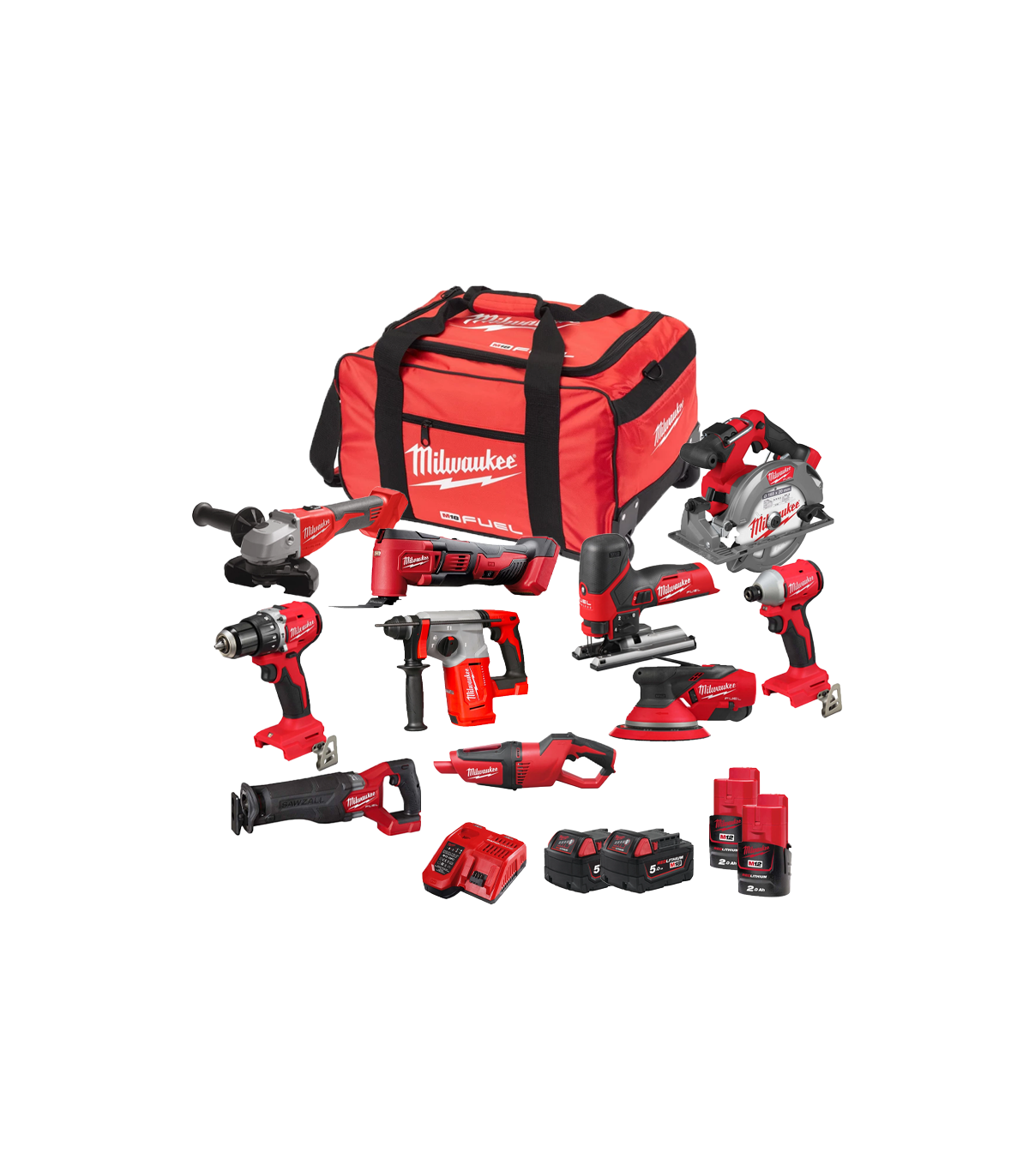 Pack 10 outils 12V-18V COMPLET (FROS5 + HV + BLSAG125X + BLPDRC + BLH + FCS552 + FSZ + FJS + BLIDRC + BMT) MILWAUKEE