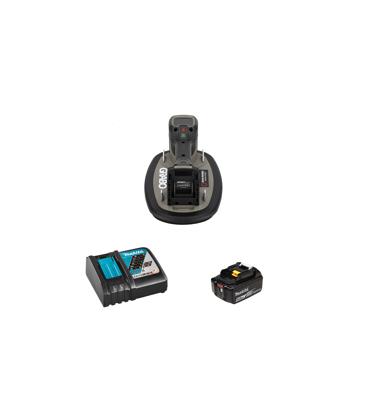 Ventouse électrique PRO BRUSHLESS 120kg + 1 adaptateur batterie makita + 1 batterie makita 18V 5 Ah + 1 chargeur DC18RC GRABO