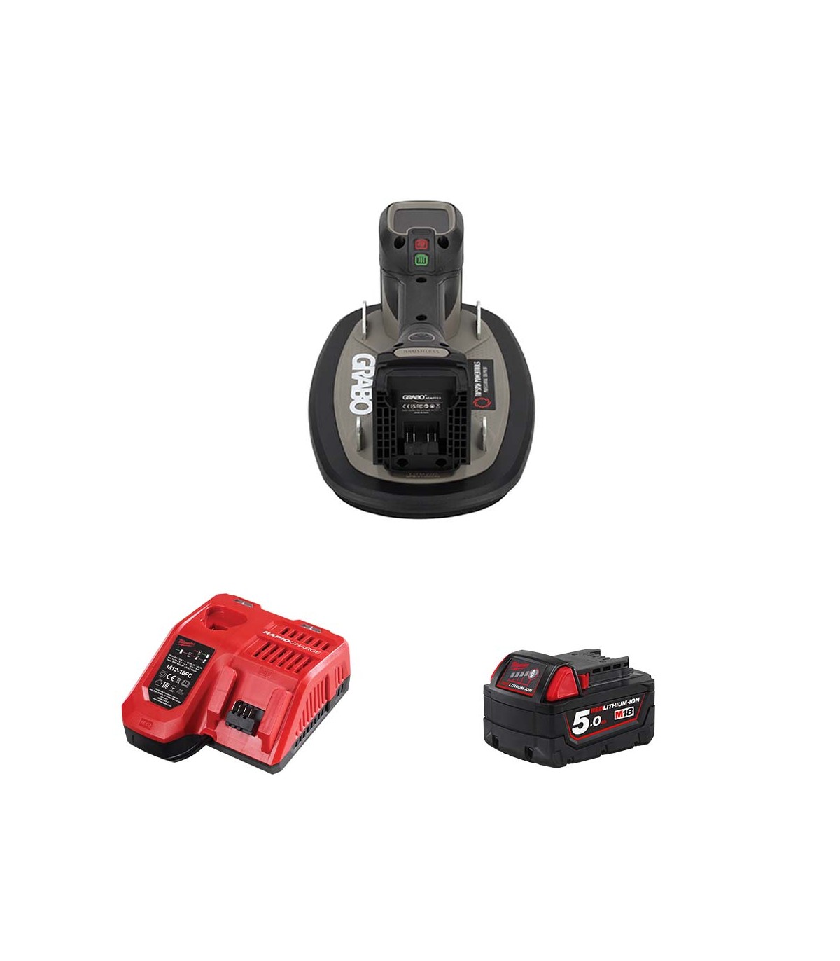 Ventouse électrique PRO BRUSHLESS 120kg + 1 adaptateur batterie milwaukee + 1 batterie milwaukee 18V 5 Ah + M12-18 FC GRABO