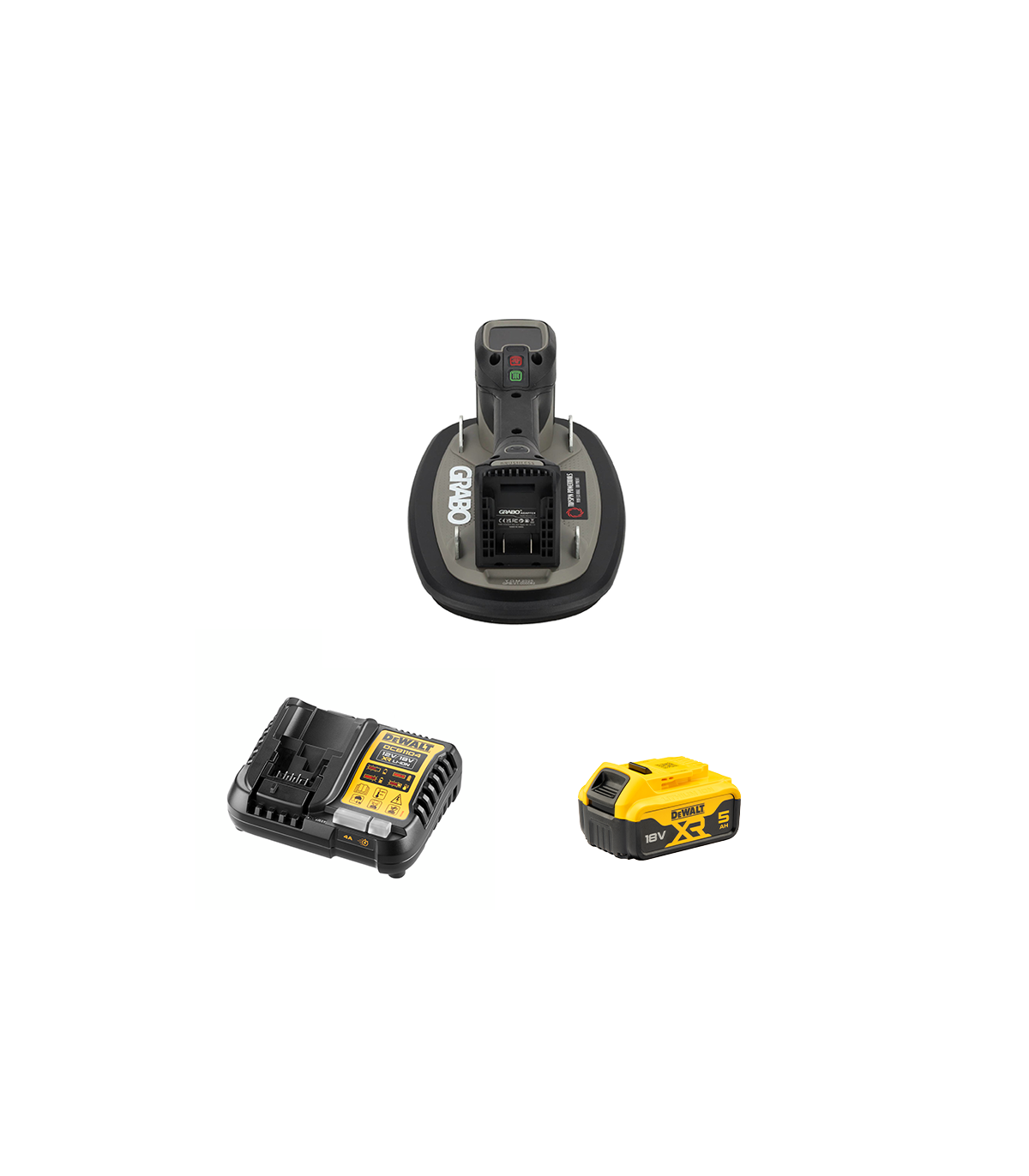 Ventouse électrique PRO BRUSHLESS 120kg + 1 adaptateur batterie dewalt+ 1 batterie dewalt18V 5 Ah + DCB1104-QW GRABO