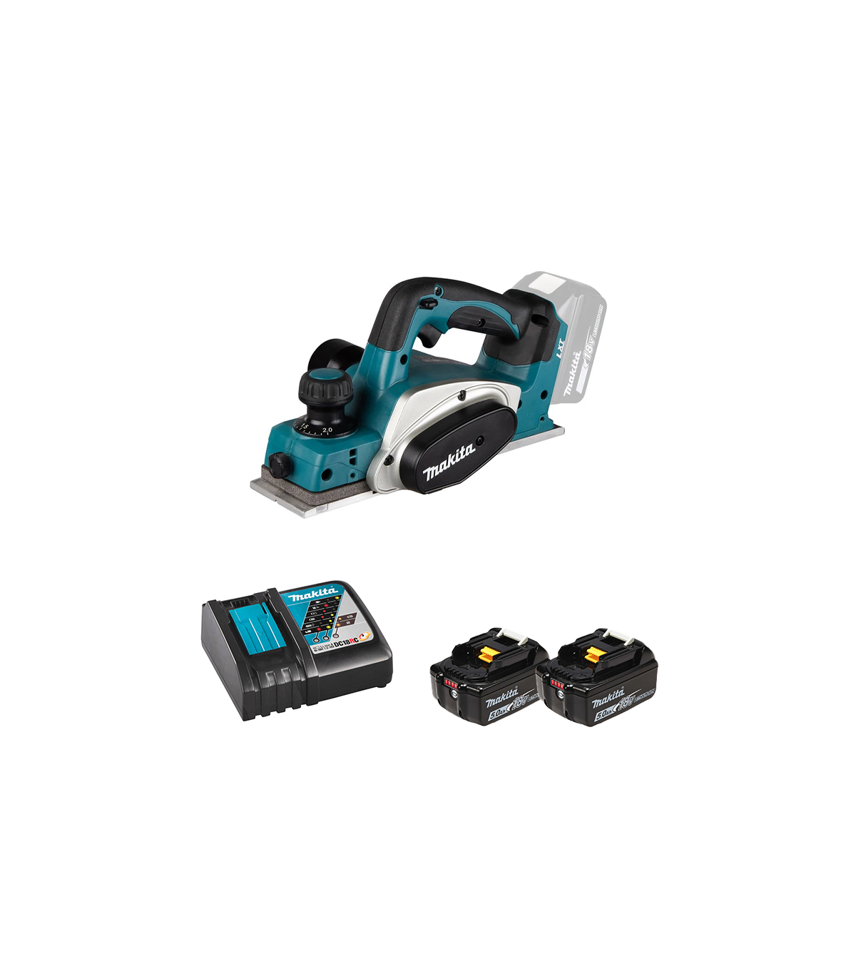 Rabot 18V DKP180Z + 2 batteries BL1850B 18V 5 Ah + 1 chargeur rapide DC18RC MAKITA