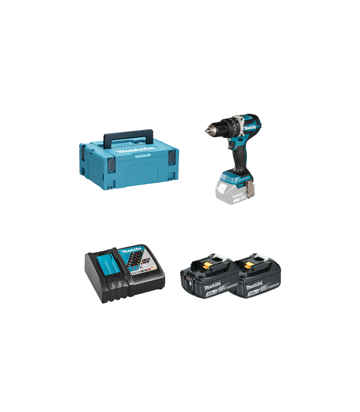 Perceuse-visseuse à percussion 18V DHP484ZJ + 2 batteries BL1830B 18V 3 Ah + 1 chargeur rapide DC18RC MAKITA