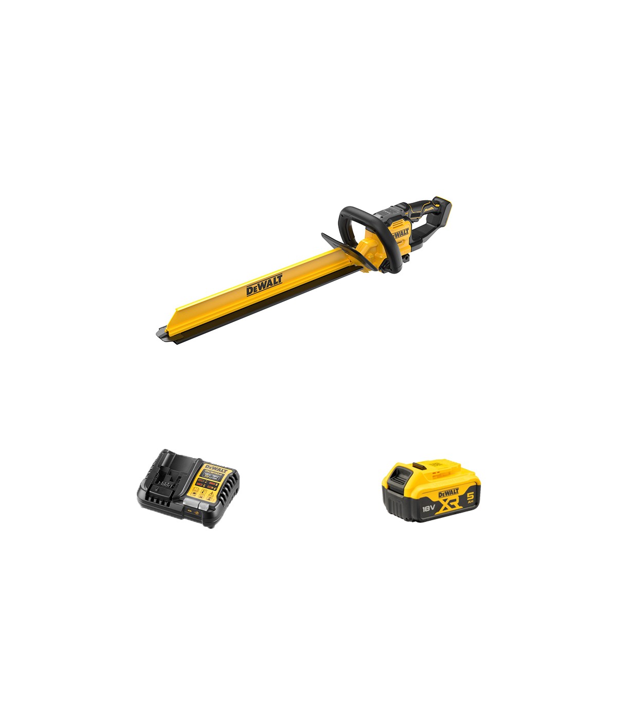 Taille haie 18V 60 cm DCMHT567N-XJ + 1 batterie 18V 5 Ah + 1 chargeur DCB1104-QW DEWALT