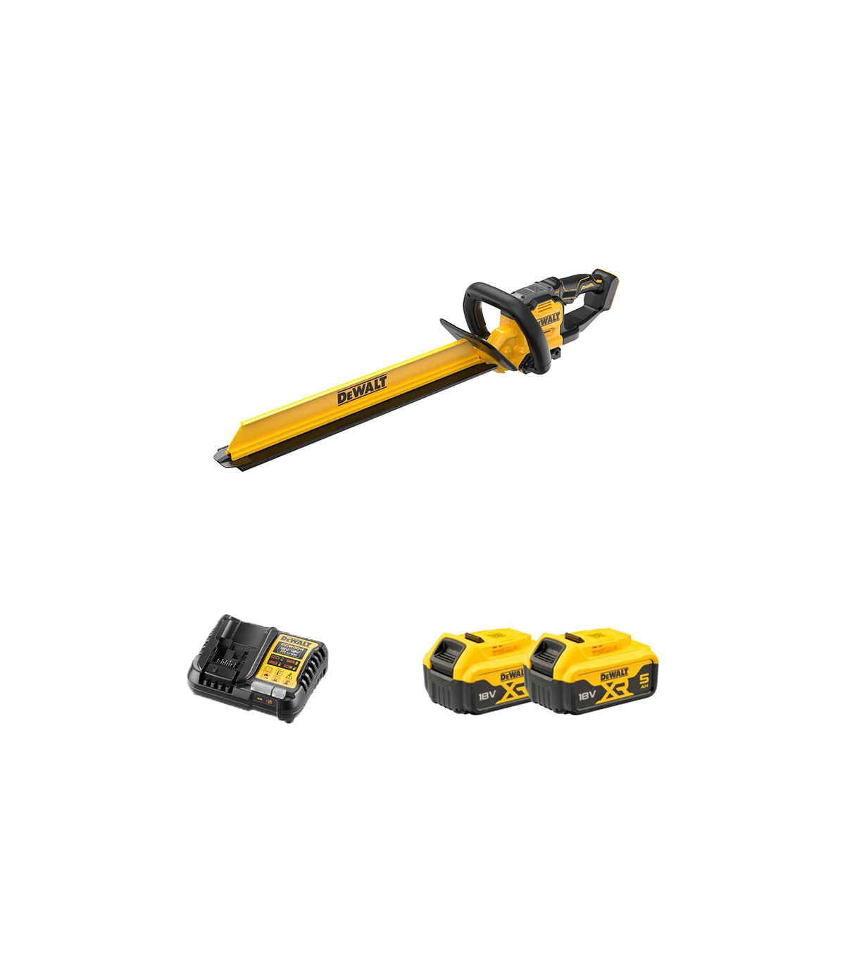 Taille haie 18V 60 cm DCMHT567N-XJ + 2 batteries 18V 5 Ah + 1 chargeur DCB1104-QW DEWALT