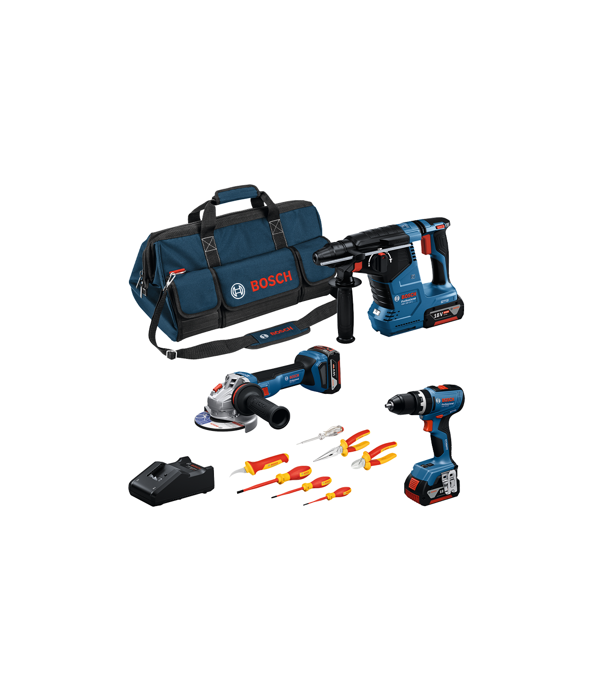 Pack 3 outils 18V (GSB 18V-65 + GWS 18V-11 + GBH 18V-24 C) + Coffret de 7 outils BOSCH