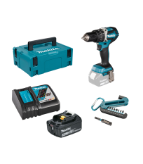 Perceuse-visseuse à percussion 18V DHP484ZJ + 1 batterie BL1830B + chargeur rapide DC18RC + Set de 9 embouts MAKITA