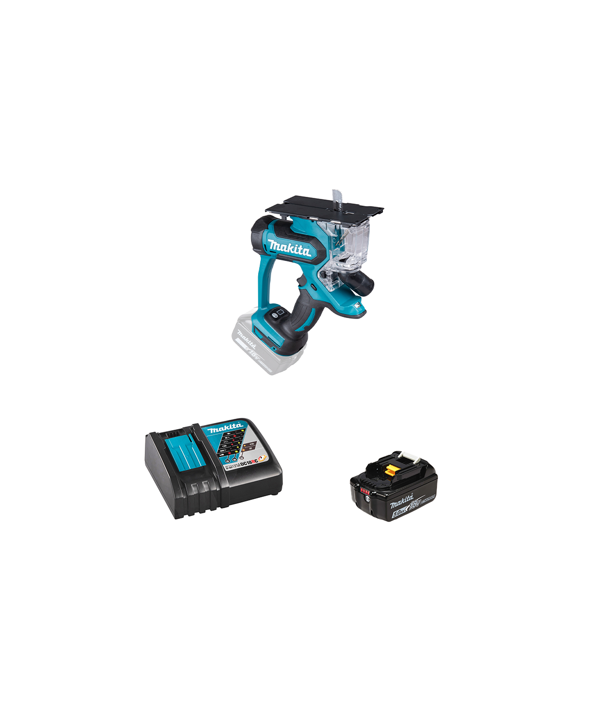 Scie à plaque de plâtre 18V DSD180Z + 1 batterie BL1850B 18V 5 Ah + chargeur rapide DC18RC MAKITA