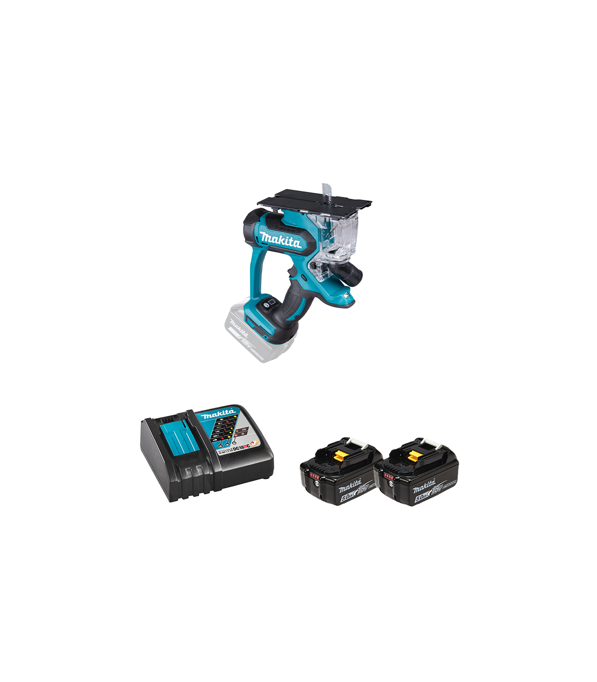 Scie à plaque de plâtre 18V DSD180Z + 2 batteries BL1850B 18V 5 Ah + chargeur rapide DC18RC MAKITA