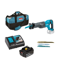 Scie sabre DJR186Z + 1 batterie BL1850B 18V 5 Ah + chargeur rapide DC18RC + Set de 3 lames récipro S-Express MAKITA