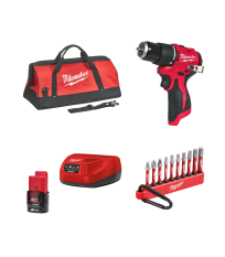 Perceuse visseuse à percussion 12V M12 BLPDRC-0 + 1 batterie 2 Ah 12 V + 1 chargeur C12C + 10 embouts Shockwave MILWAUKEE