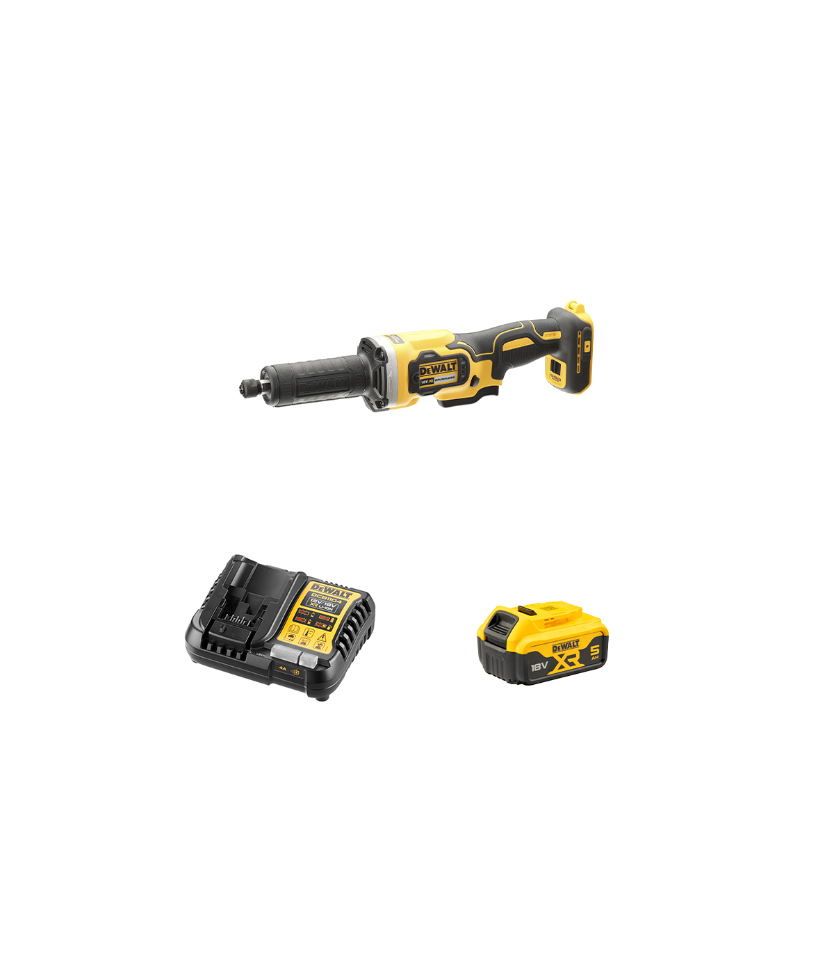 Meuleuse droite XR 18V DCG426N-XJ + 1 batterie 18V 5 Ah + 1 Chargeur DCB1104-QW DEWALT