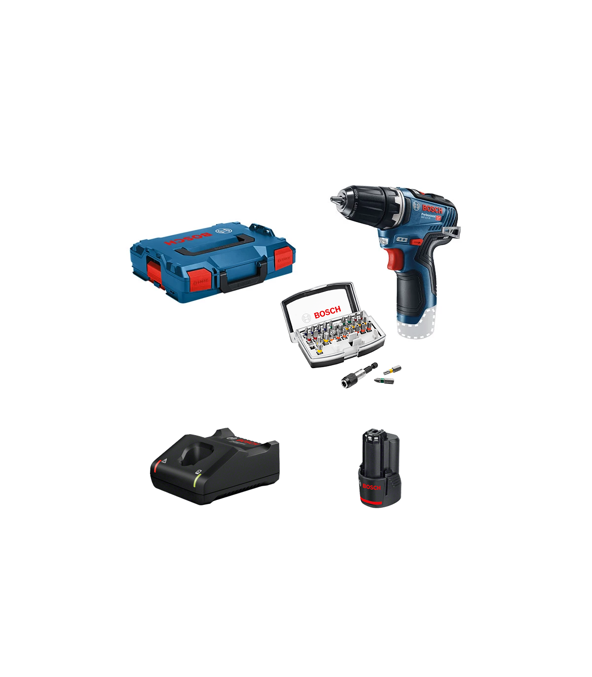 Perceuse visseuse GSR 12V-35 + 1 batterie 12V 2 Ah + chargeur GAL 12V-40 + 31 embouts de vissage BOSCH