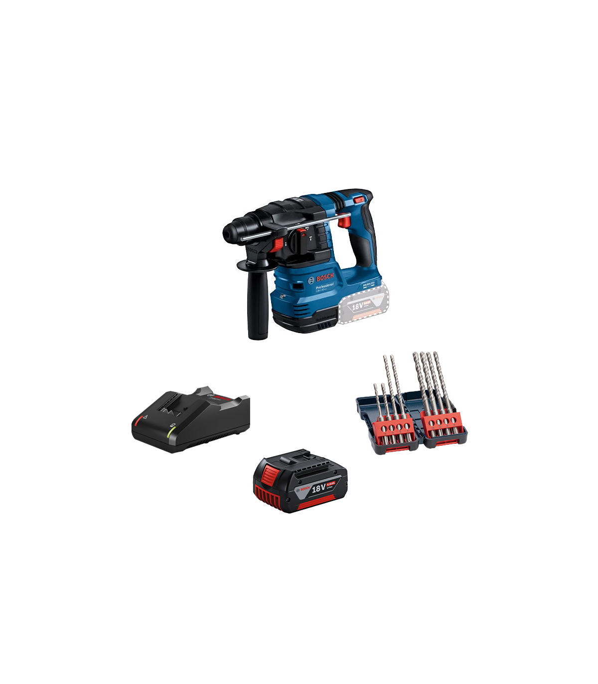Perforateur SDS-Plus GBH 18V-22 + 1 batterie GBA 18V 4 Ah + 1 chargeur GAL 18V-40 + 8 forets SDS-Plus-3 Ø5-10mm BOSCH
