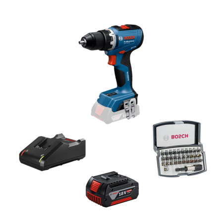 Perceuse-visseuse GSR 18V-65 + 1 batterie GBA 18V 4 Ah + Chargeur GAL 18V-40 + 31 embouts de vissage BOSCH