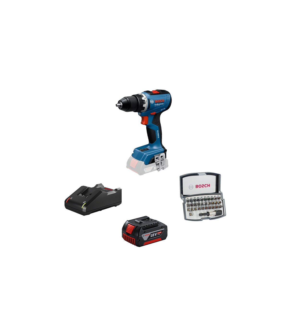 Perceuse-visseuse GSR 18V-65 + 1 batterie GBA 18V 4 Ah + Chargeur GAL 18V-40 + 31 embouts de vissage BOSCH