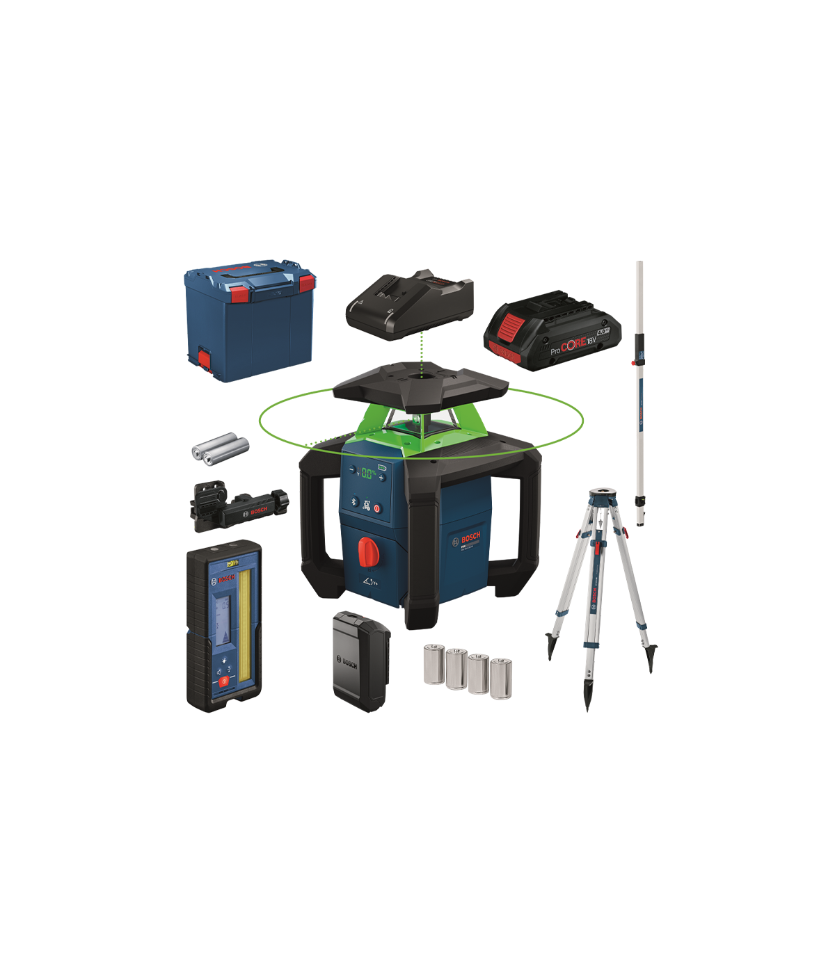 Laser rotatif vert GRL 18V-4-34CVG + 1 batterie ProCORE 18V 4Ah + GAL18V-40 + Cellule de réception laser LR45 + Trépied BT 170HD