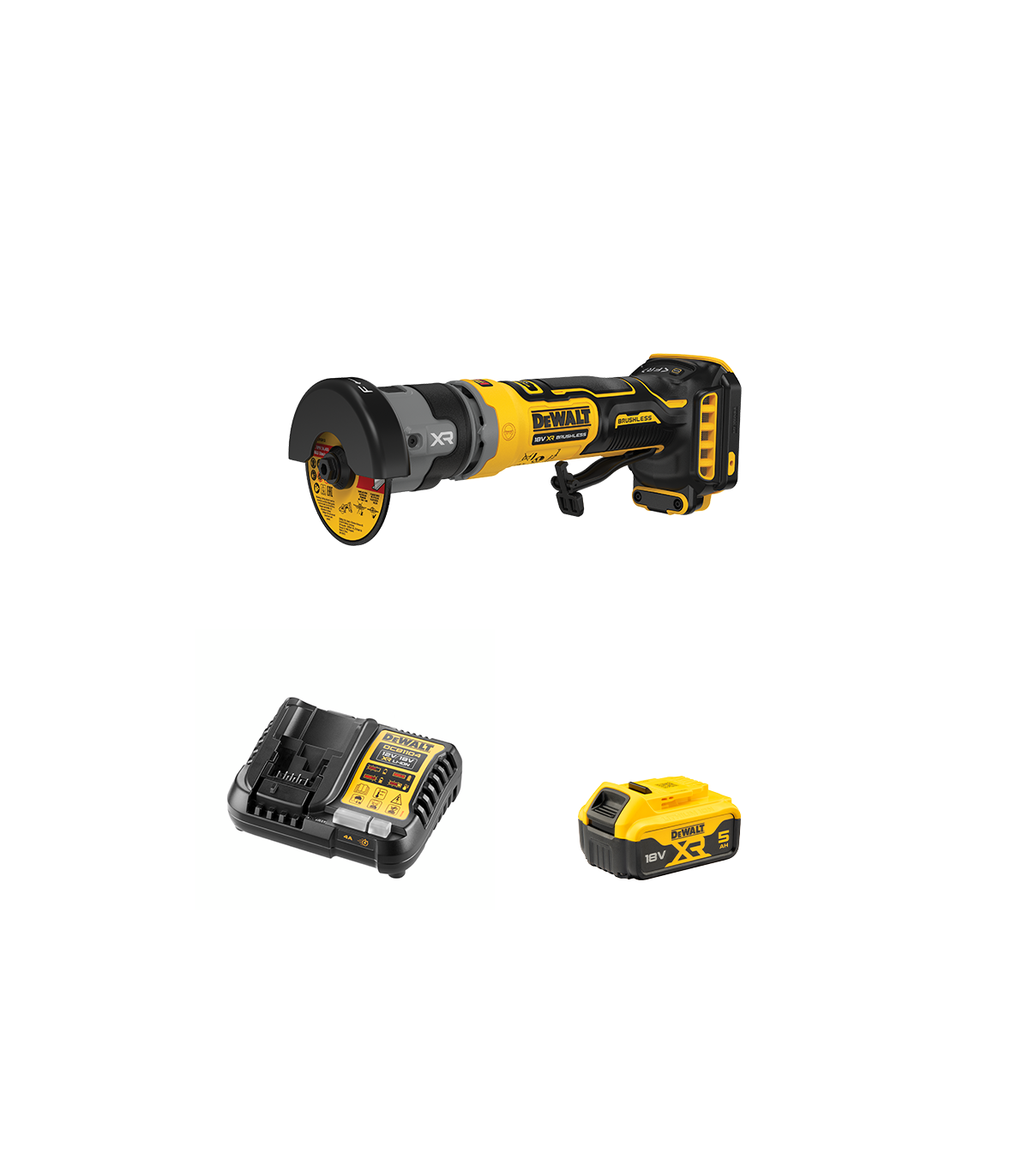 Meuleuse compacte 76mm XR 18V DCG430N-XJ + 1 batterie 18V 5 Ah + 1 Chargeur DCB1104-QW DEWALT