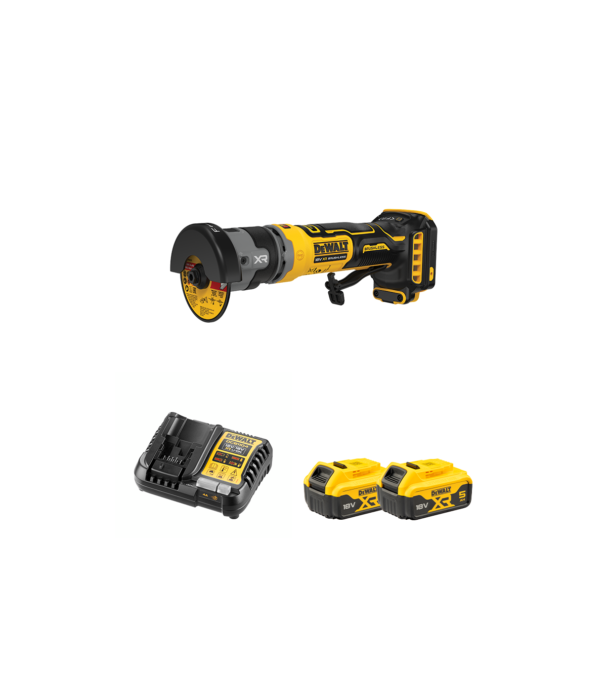 Meuleuse compacte 76mm XR 18V DCG430N-XJ + 2 batterie 18V 5 Ah + 1 Chargeur DCB1104-QW DEWALT