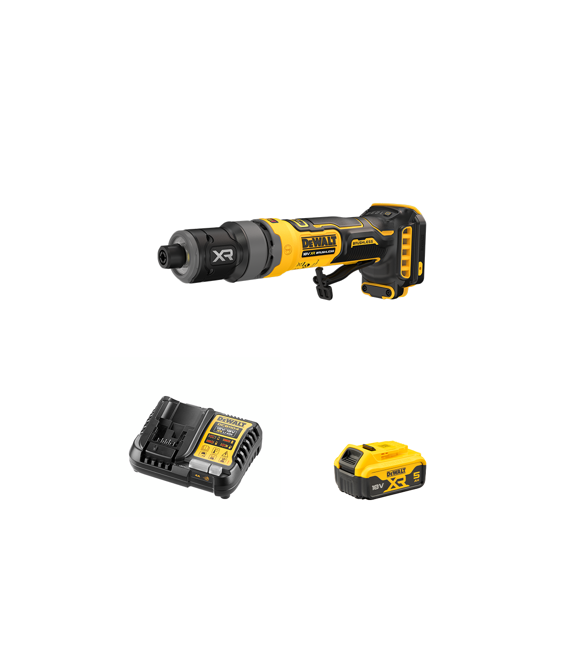 Meuleuse droite compacte XR 18V DCG420N-XJ + 1 batterie 18V 5 Ah + 1 Chargeur DCB1104-QW DEWALT