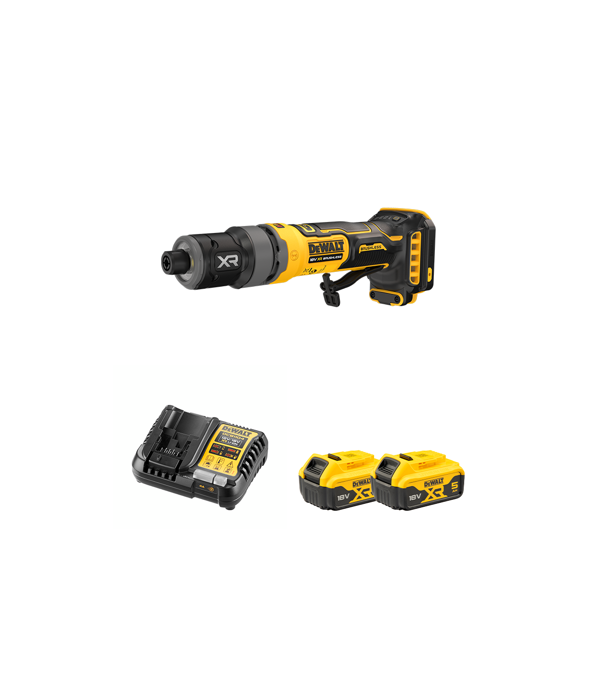 Meuleuse droite compacte XR 18V DCG420N-XJ + 2 batteries 18V 5 Ah + 1 Chargeur DCB1104-QW DEWALT