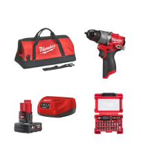 Pack perceuse visseuse à percussion 12V M12 FPD2  + 1 batterie 12V 4 Ah + M12-18FC + 1 coffret de 31 embouts MILWAUKEE