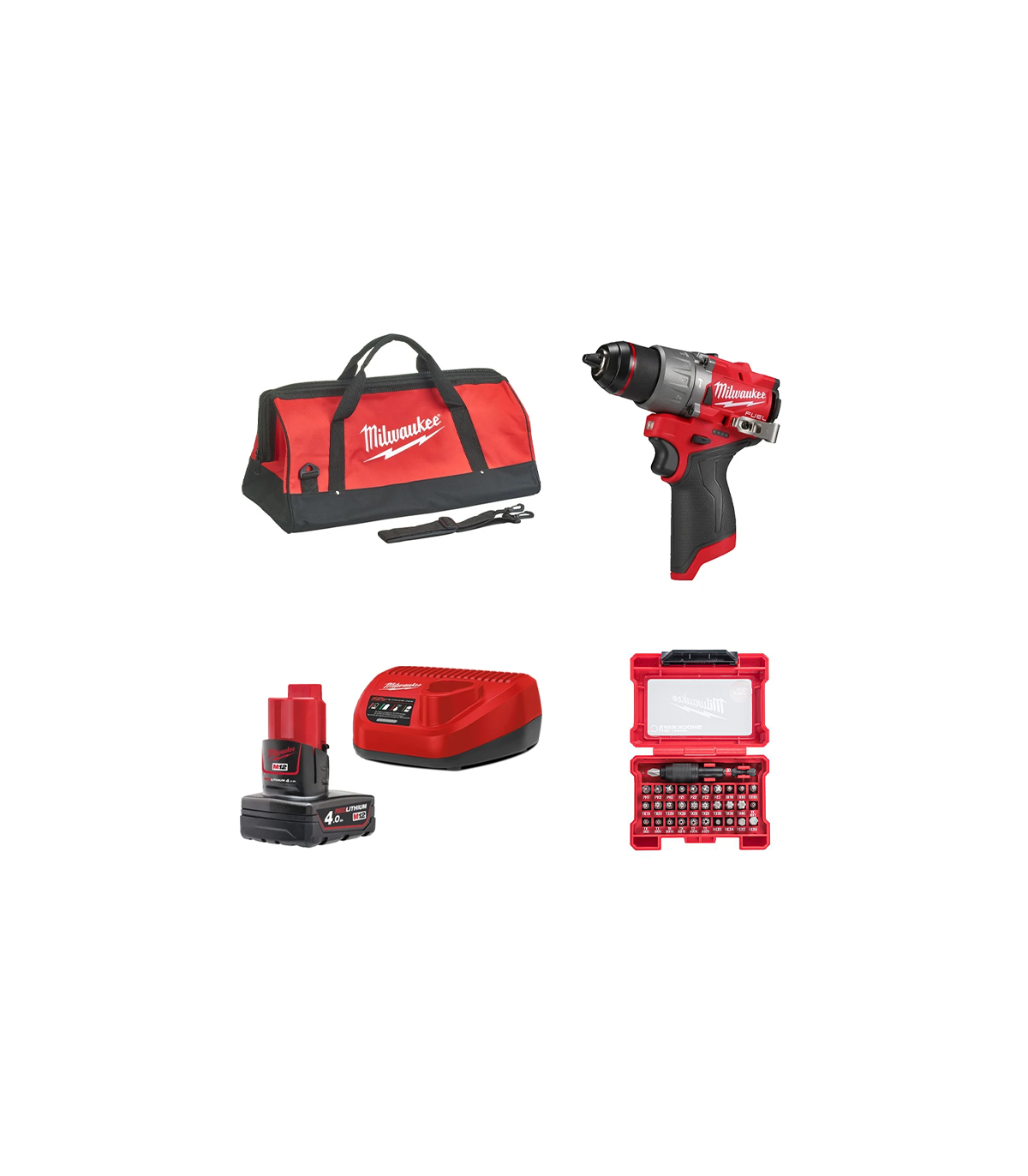 Pack perceuse visseuse à percussion 12V M12 FPD2  + 1 batterie 12V 4 Ah + M12-18FC + 1 coffret de 31 embouts MILWAUKEE