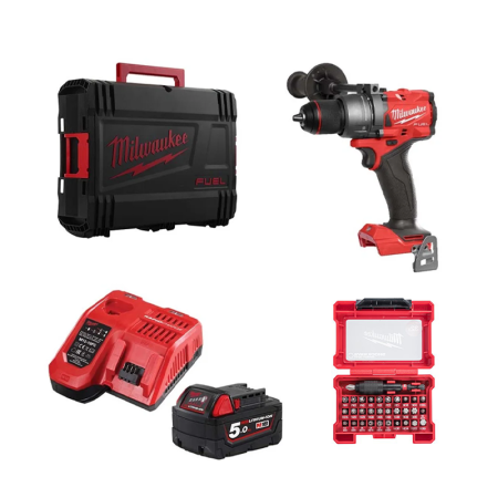 Perceuse visseuse à percussion 18V M18 FPD3-0X + 1 batterie 18V 5 Ah + 1 chargeur M12-18FC + 31 embouts de vissage MILWAUKEE