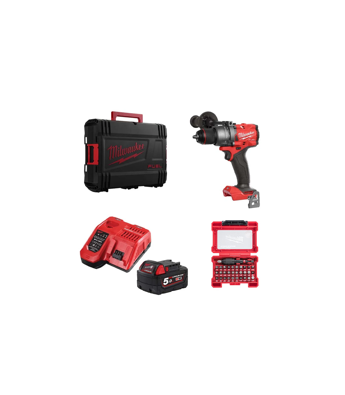 Perceuse visseuse à percussion 18V M18 FPD3-0X + 1 batterie 18V 5 Ah + 1 chargeur M12-18FC + 31 embouts de vissage MILWAUKEE