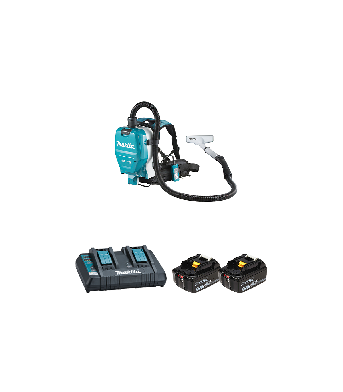 Aspirateur dorsal 2x18V DVC261ZX14 + 2 batteries BL1850B 18V 5 Ah + chargeur double DC18RD MAKITA